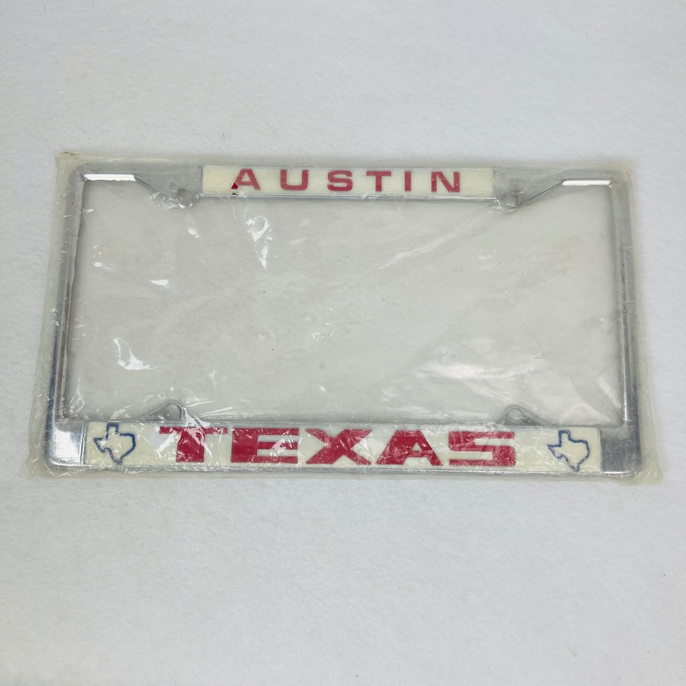 License Plate Frame Austin Texas Silver Red Souvenir Car Accessory Like New